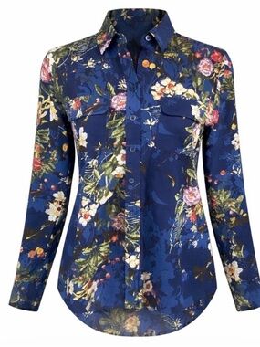 Chico's Size 0 Button Down Blouse Navy Background Multi-Color Floral Long Sleeve